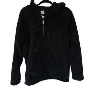 PINK Victoria's Secret NWT Black Fuzzy Plush Quarter Zip Hoodie Medium